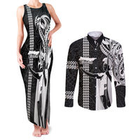 Custom Hawaii Molokai Island Couples Matching Tank Maxi Dress and Long Sleeve Button Shirts Hawaiian King and Kakau Symbols Abstract Shoulder Tattoo LT03 Black - Polynesian Pride