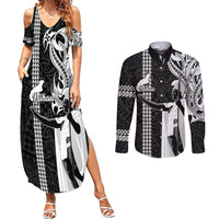 Custom Hawaii Niihau Island Couples Matching Summer Maxi Dress and Long Sleeve Button Shirts Hawaiian King and Kakau Symbols Abstract Shoulder Tattoo LT03 Black - Polynesian Pride