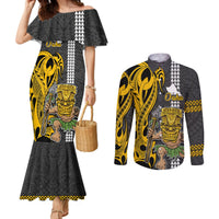 Hawaii Oahu Island Couples Matching Mermaid Dress and Long Sleeve Button Shirts Hawaiian Warrior and Kakau Symbols Abstract Tattoo LT03 Yellow - Polynesian Pride