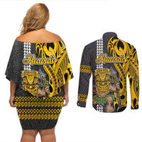 Hawaii Oahu Island Couples Matching Off Shoulder Short Dress and Long Sleeve Button Shirts Hawaiian Warrior and Kakau Symbols Abstract Tattoo LT03 - Polynesian Pride
