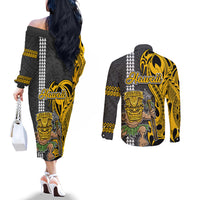 Hawaii Oahu Island Couples Matching Off The Shoulder Long Sleeve Dress and Long Sleeve Button Shirts Hawaiian Warrior and Kakau Symbols Abstract Tattoo LT03 - Polynesian Pride