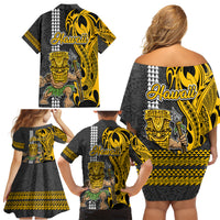 Hawaii Oahu Island Family Matching Off Shoulder Short Dress and Hawaiian Shirt Hawaiian Warrior and Kakau Symbols Abstract Tattoo LT03 - Polynesian Pride