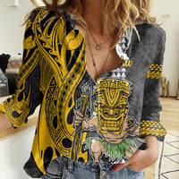 Hawaii Oahu Island Women Casual Shirt Hawaiian Warrior and Kakau Symbols Abstract Tattoo LT03 Female Yellow - Polynesian Pride