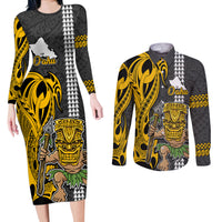 Custom Hawaii Oahu Island Couples Matching Long Sleeve Bodycon Dress and Long Sleeve Button Shirts Hawaiian Warrior and Kakau Symbols Abstract Tattoo LT03 Yellow - Polynesian Pride