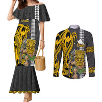 Custom Hawaii Oahu Island Couples Matching Mermaid Dress and Long Sleeve Button Shirts Hawaiian Warrior and Kakau Symbols Abstract Tattoo LT03 Yellow - Polynesian Pride