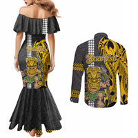 Custom Hawaii Oahu Island Couples Matching Mermaid Dress and Long Sleeve Button Shirts Hawaiian Warrior and Kakau Symbols Abstract Tattoo LT03 - Polynesian Pride
