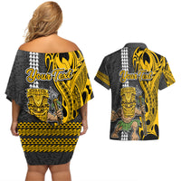 Custom Hawaii Oahu Island Couples Matching Off Shoulder Short Dress and Hawaiian Shirt Hawaiian Warrior and Kakau Symbols Abstract Tattoo LT03 - Polynesian Pride