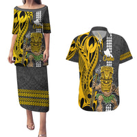 Custom Hawaii Oahu Island Couples Matching Puletasi Dress and Hawaiian Shirt Hawaiian Warrior and Kakau Symbols Abstract Tattoo LT03 Yellow - Polynesian Pride