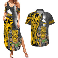 Custom Hawaii Oahu Island Couples Matching Summer Maxi Dress and Hawaiian Shirt Hawaiian Warrior and Kakau Symbols Abstract Tattoo LT03 Yellow - Polynesian Pride