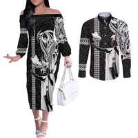 Hawaii Oahu Island Couples Matching Off The Shoulder Long Sleeve Dress and Long Sleeve Button Shirts Hawaiian King and Kakau Symbols Abstract Shoulder Tattoo LT03 Black - Polynesian Pride