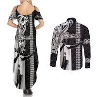 Hawaii Oahu Island Couples Matching Summer Maxi Dress and Long Sleeve Button Shirts Hawaiian King and Kakau Symbols Abstract Shoulder Tattoo LT03 - Polynesian Pride