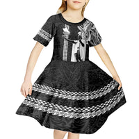 Hawaii Oahu Island Kid Short Sleeve Dress Hawaiian King and Kakau Symbols Abstract Shoulder Tattoo LT03 - Polynesian Pride