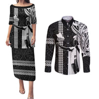 Custom Hawaii Oahu Island Couples Matching Puletasi Dress and Long Sleeve Button Shirts Hawaiian King and Kakau Symbols Abstract Shoulder Tattoo LT03 Black - Polynesian Pride