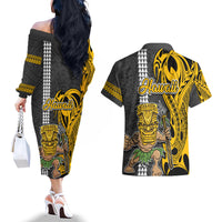 Hawaii Kahoolawe Island Couples Matching Off The Shoulder Long Sleeve Dress and Hawaiian Shirt Hawaiian Warrior and Kakau Symbols Abstract Tattoo LT03 - Polynesian Pride