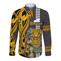 Hawaii Kahoolawe Island Long Sleeve Button Shirt Hawaiian Warrior and Kakau Symbols Abstract Tattoo LT03 Unisex Yellow - Polynesian Pride