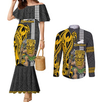 Custom Hawaii Kahoolawe Island Couples Matching Mermaid Dress and Long Sleeve Button Shirts Hawaiian Warrior and Kakau Symbols Abstract Tattoo LT03 Yellow - Polynesian Pride