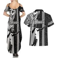 Hawaii Kahoolawe Island Couples Matching Summer Maxi Dress and Hawaiian Shirt Hawaiian King and Kakau Symbols Abstract Shoulder Tattoo LT03 - Polynesian Pride