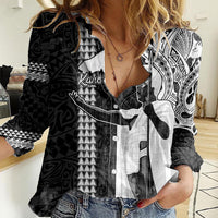 Custom Hawaii Kahoolawe Island Women Casual Shirt Hawaiian King and Kakau Symbols Abstract Shoulder Tattoo LT03 Female Black - Polynesian Pride