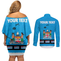 Fiji Merry Christmas Couples Matching Off Shoulder Short Dress and Long Sleeve Button Shirt Santa Suit Style With Tapa Tribal Pattern