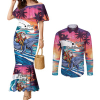 Hawaiian Mele Kalikimaka Couples Matching Mermaid Dress and Long Sleeve Button Shirt Santa Claus Driving The Whale with Sunset Ocean Landscape LT03 Blue - Polynesian Pride