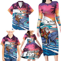 Hawaiian Mele Kalikimaka Family Matching Long Sleeve Bodycon Dress and Hawaiian Shirt Santa Claus Driving The Whale with Sunset Ocean Landscape LT03 - Polynesian Pride