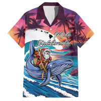 Hawaiian Mele Kalikimaka Family Matching Off Shoulder Short Dress and Hawaiian Shirt Santa Claus Driving The Whale with Sunset Ocean Landscape