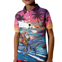 Hawaiian Mele Kalikimaka Kid Polo Shirt Santa Claus Driving The Whale with Sunset Ocean Landscape LT03 Kid Blue - Polynesian Pride