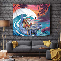 Hawaiian Mele Kalikimaka Tapestry Santa Claus Driving The Whale with Sunset Ocean Landscape LT03 Blue - Polynesian Pride