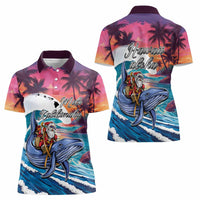 Hawaiian Mele Kalikimaka Women Polo Shirt Santa Claus Driving The Whale with Sunset Ocean Landscape LT03 - Polynesian Pride