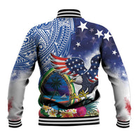 Guam and United States Together Baseball Jacket Bald Eagle and Guam Seal with Flower and Tribal Tattoos - Polynesian Pride