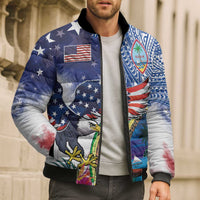 Guam and United States Together Bomber Puffer Jacket Bald Eagle and Guam Seal with Flower and Tribal Tattoos - Polynesian Pride