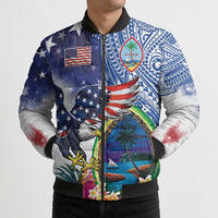 Guam and United States Together Bomber Puffer Jacket Bald Eagle and Guam Seal with Flower and Tribal Tattoos - Polynesian Pride