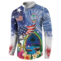 Guam and United States Together Button Sweatshirt Bald Eagle and Guam Seal with Flower and Tribal Tattoos - Polynesian Pride