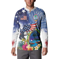 Guam and United States Together Button Sweatshirt Bald Eagle and Guam Seal with Flower and Tribal Tattoos - Polynesian Pride