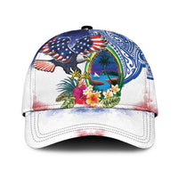 Guam and United States Together Classic Cap Bald Eagle and Guam Seal with Flower and Tribal Tattoos - Polynesian Pride