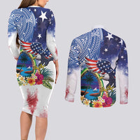 Guam and United States Together Couples Matching Long Sleeve Bodycon Dress and Long Sleeve Button Shirt Bald Eagle and Guam Seal with Flower and Tribal Tattoos - Polynesian Pride