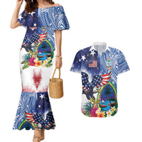 Guam and United States Together Couples Matching Mermaid Dress and Hawaiian Shirt Bald Eagle and Guam Seal with Flower and Tribal Tattoos LT03 Multicolor - Polynesian Pride