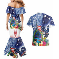 Guam and United States Together Couples Matching Mermaid Dress and Hawaiian Shirt Bald Eagle and Guam Seal with Flower and Tribal Tattoos LT03 - Polynesian Pride