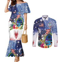 Guam and United States Together Couples Matching Mermaid Dress and Long Sleeve Button Shirt Bald Eagle and Guam Seal with Flower and Tribal Tattoos - Polynesian Pride