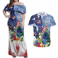 Guam and United States Together Couples Matching Off Shoulder Maxi Dress and Hawaiian Shirt Bald Eagle and Guam Seal with Flower and Tribal Tattoos - Polynesian Pride