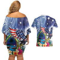 Guam and United States Together Couples Matching Off Shoulder Short Dress and Hawaiian Shirt Bald Eagle and Guam Seal with Flower and Tribal Tattoos LT03 - Polynesian Pride