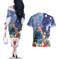 Guam and United States Together Couples Matching Off The Shoulder Long Sleeve Dress and Hawaiian Shirt Bald Eagle and Guam Seal with Flower and Tribal Tattoos LT03 - Polynesian Pride
