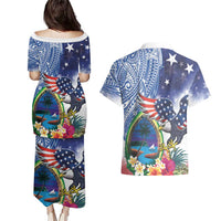 Guam and United States Together Couples Matching Puletasi and Hawaiian Shirt Bald Eagle and Guam Seal with Flower and Tribal Tattoos LT03 - Polynesian Pride