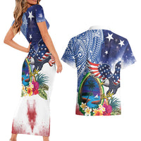 Guam and United States Together Couples Matching Short Sleeve Bodycon Dress and Hawaiian Shirt Bald Eagle and Guam Seal with Flower and Tribal Tattoos LT03 - Polynesian Pride