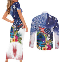 Guam and United States Together Couples Matching Short Sleeve Bodycon Dress and Long Sleeve Button Shirt Bald Eagle and Guam Seal with Flower and Tribal Tattoos LT03 - Polynesian Pride