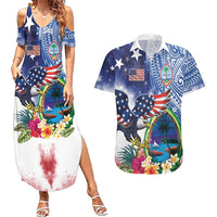 Guam and United States Together Couples Matching Summer Maxi Dress and Hawaiian Shirt Bald Eagle and Guam Seal with Flower and Tribal Tattoos LT03 Multicolor - Polynesian Pride