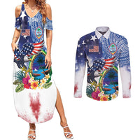 Guam and United States Together Couples Matching Summer Maxi Dress and Long Sleeve Button Shirt Bald Eagle and Guam Seal with Flower and Tribal Tattoos LT03 Multicolor - Polynesian Pride
