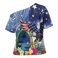 Guam and United States Together Cross Shoulder Shirt Bald Eagle and Guam Seal with Flower and Tribal Tattoos - Polynesian Pride