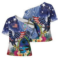 Guam and United States Together Cross Shoulder Shirt Bald Eagle and Guam Seal with Flower and Tribal Tattoos LT03 - Polynesian Pride