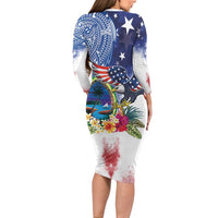 Guam and United States Together Family Matching Long Sleeve Bodycon Dress and Hawaiian Shirt Bald Eagle and Guam Seal with Flower and Tribal Tattoos - Polynesian Pride